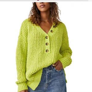 Free People Whistle Thermal Henley Sweater in Acid Lime, size XS